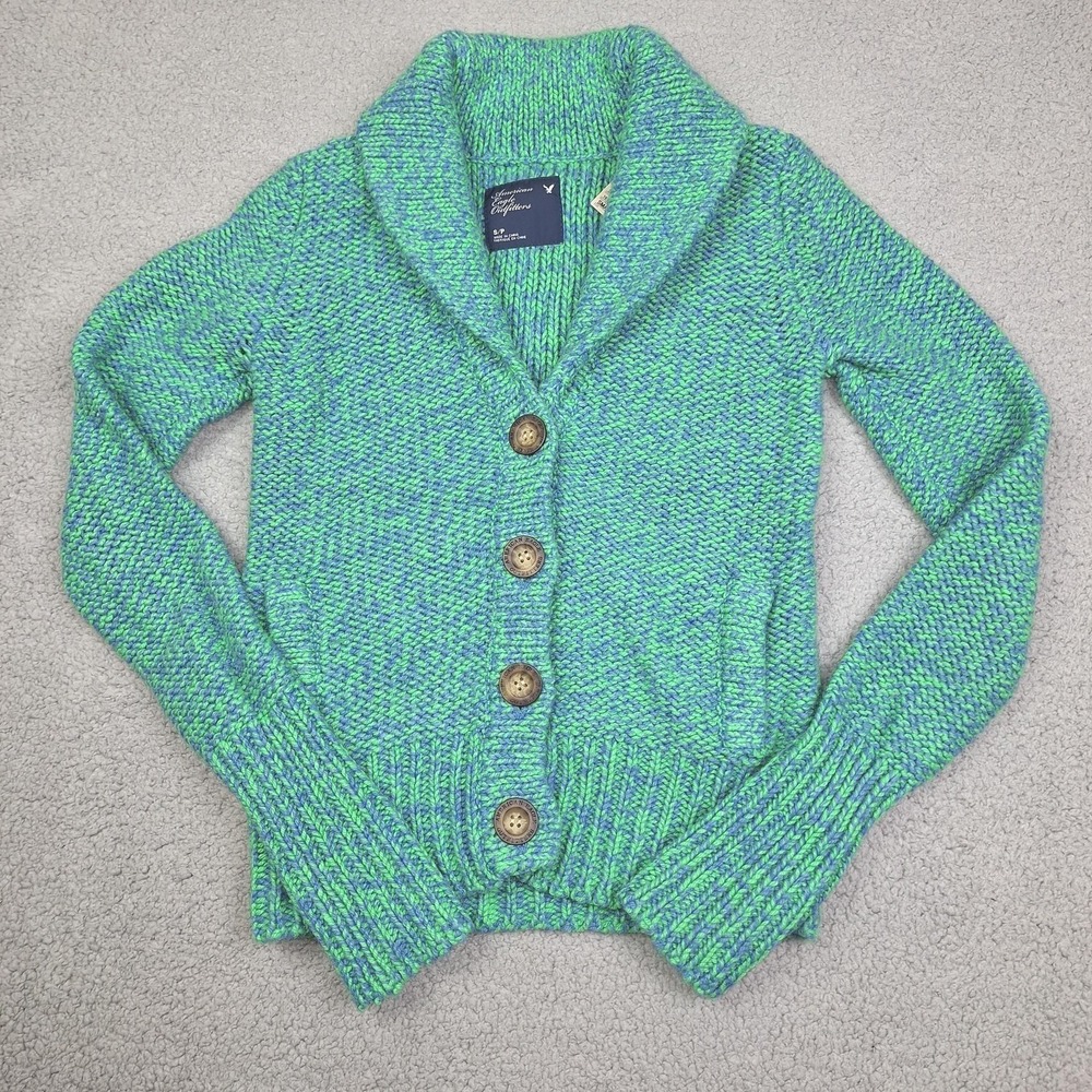 American Eagle Cardigan Womens Small Green Blue Shawl Collar Chunky Knit